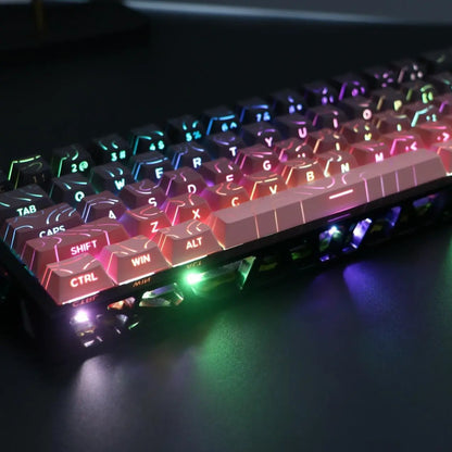 Translucent Black and Pink Gasket Mounted Mechanical Keyboard with RGB Lighting, Hot-Swappable Red Switches, N-Key Rollover, and USB-C Connectivity for Custom Gaming Setup on PC/Mac