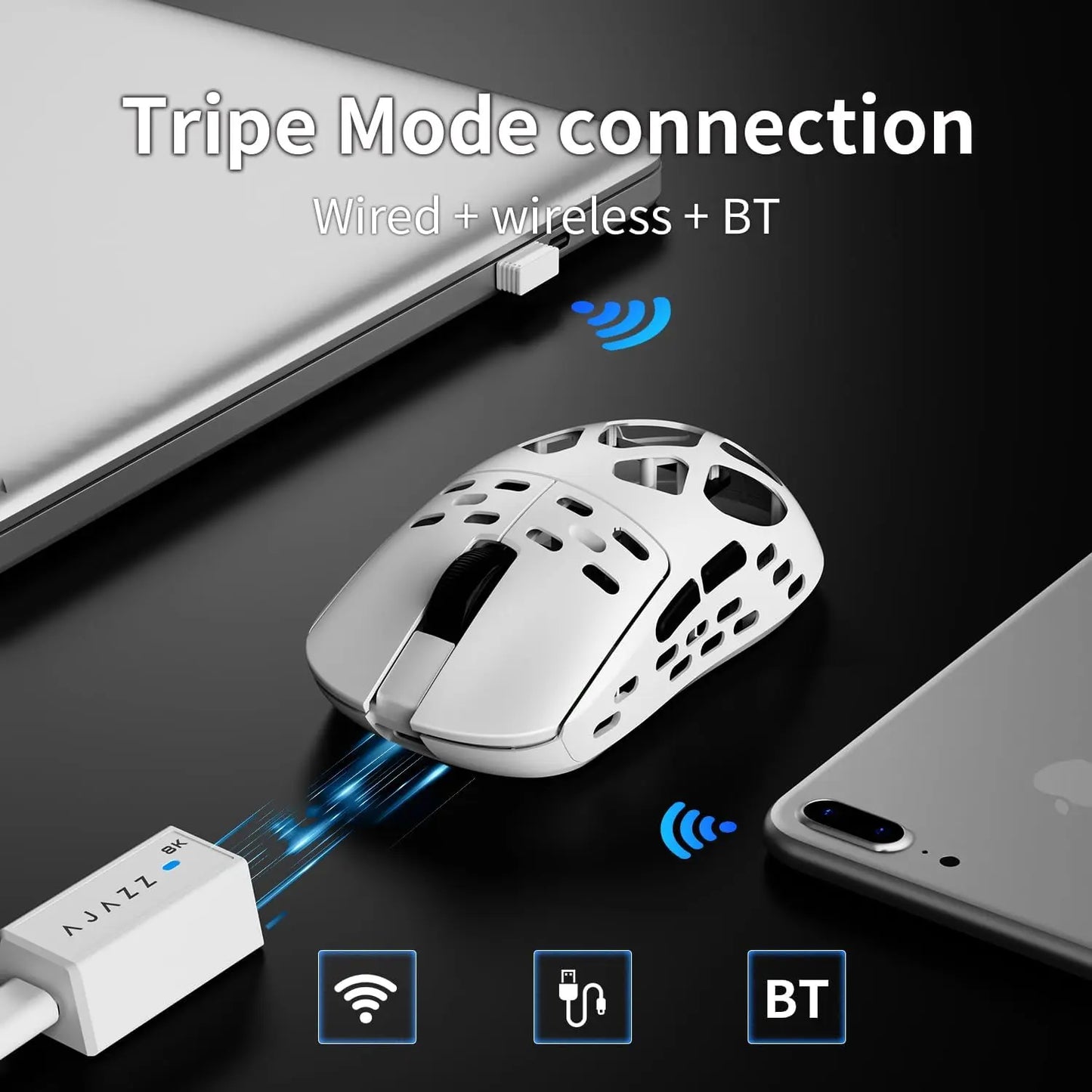 AJAZZ AM3 Magnesium-Aluminum Alloy Wireless Gaming Mouse, 49G Ultra-Lightweight, PAW3950 Sensor, Max 30000 DPI, Bluetooth/2.4G/Wired Tri-Mode Connection Dual 8K, Red,Back to School,Back to School Haul