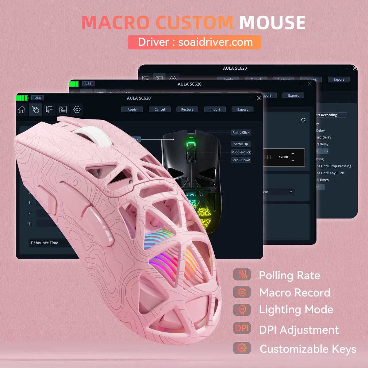AULA SC620 Pink Contour Wireless Gaming Mouse - Lightweight 67G Design with Optical Sensor, Low Latency, 12K DPI, Tri-Mode Connectivity, RGB Backlighting, and Multi-Device Compatibility for FPS Gaming and Professional Use