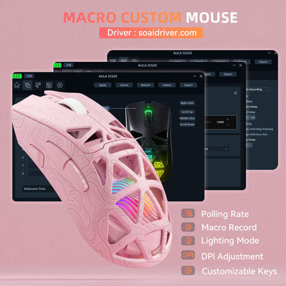 AULA SC620 Pink Contour Wireless Gaming Mouse - Lightweight 67G Design with Optical Sensor, Low Latency, 12K DPI, Tri-Mode Connectivity, RGB Backlighting, and Multi-Device Compatibility for FPS Gaming and Professional Use