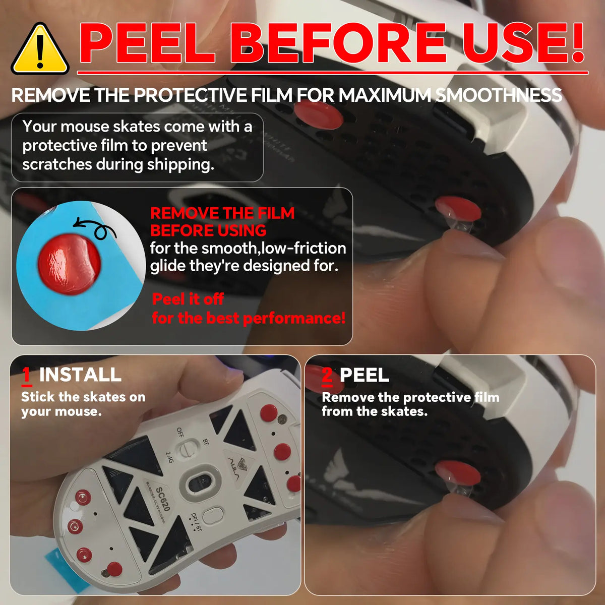 GOGOFREE Red 2Pcs Gaming Replacement Mouse Feet Stickers, High-Density PTFE Gamer Stuff PC Accessories with Long Service Life, Anti-Scratch Low-Friction Smooth Sliding Pads