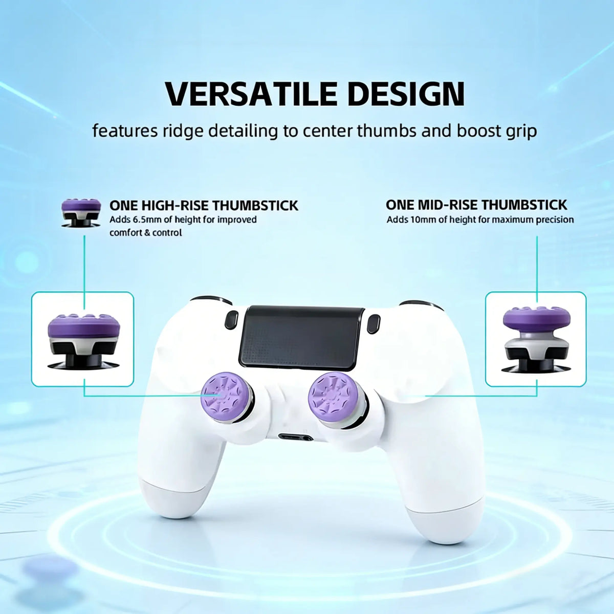 Professional Thumbstick Grips and Precision Rings for PS4, PS5, Xbox Series X/S, and Switch Pro Controllers - High-Rise and Mid-Rise Gaming Accessories in Black, Purple, and Green