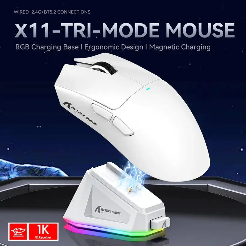 ATTACK SHARK X11 Wireless Gaming Mouse, Rechargeable RGB Gaming Mouse with Charging Base, 5 Programmable Buttons, Office Mouse for Gaming, Gaming Accessory