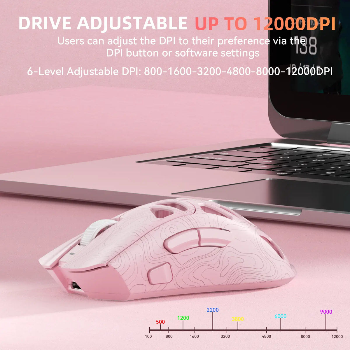 AULA SC620 Pink Contour Wireless Gaming Mouse - Lightweight 67G Design with Optical Sensor, Low Latency, 12K DPI, Tri-Mode Connectivity, RGB Backlighting, and Multi-Device Compatibility for FPS Gaming and Professional Use