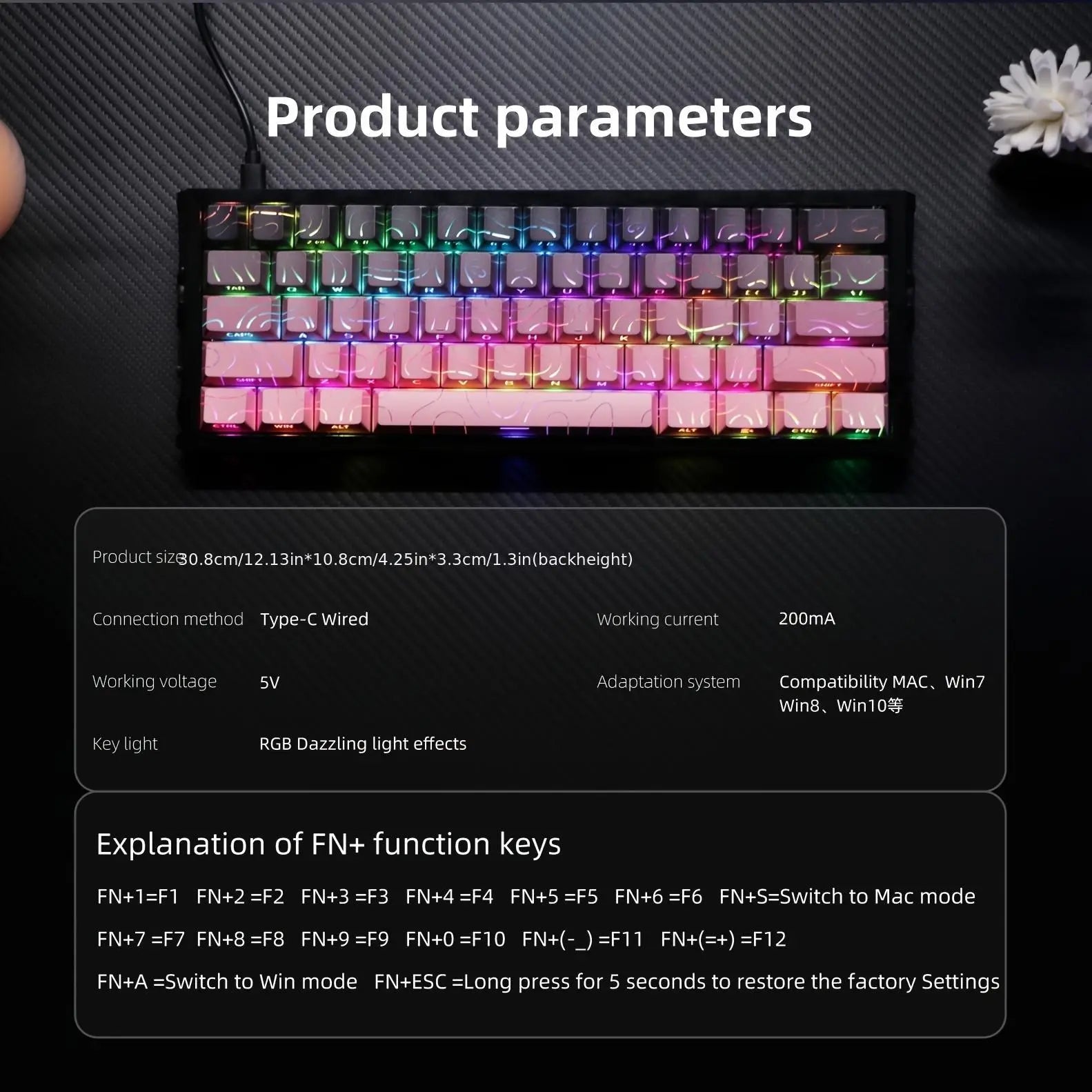 Translucent Black and Pink Gasket Mounted Mechanical Keyboard with RGB Lighting, Hot-Swappable Red Switches, N-Key Rollover, and USB-C Connectivity for Custom Gaming Setup on PC/Mac
