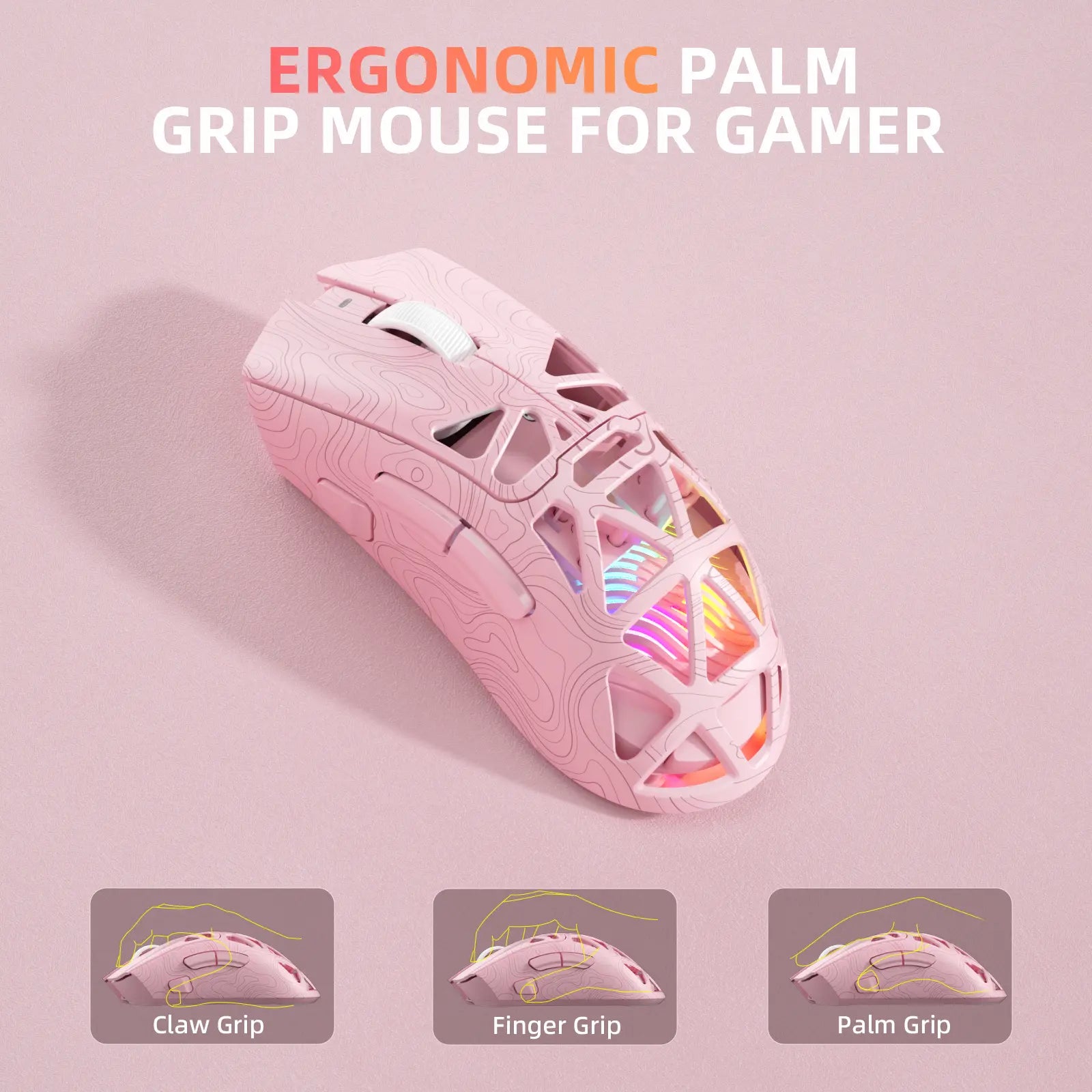 AULA SC620 Pink Contour Wireless Gaming Mouse - Lightweight 67G Design with Optical Sensor, Low Latency, 12K DPI, Tri-Mode Connectivity, RGB Backlighting, and Multi-Device Compatibility for FPS Gaming and Professional Use