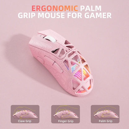 AULA SC620 Pink Contour Wireless Gaming Mouse - Lightweight 67G Design with Optical Sensor, Low Latency, 12K DPI, Tri-Mode Connectivity, RGB Backlighting, and Multi-Device Compatibility for FPS Gaming and Professional Use