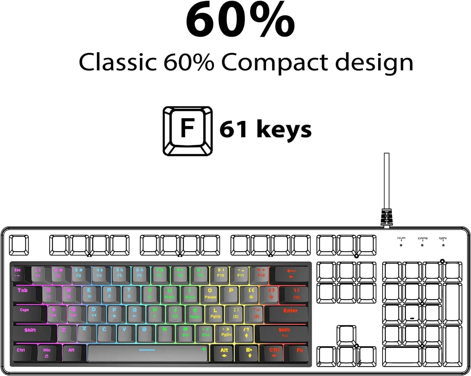 Snpurdiri 60% Compact Mechanical Keyboard, Red Linear Switches, Rainbow RGB Backlit, Full Anti-Ghosting, Ultra-Compact Mini Gaming Keyboard for PC Gamers, Office & Business Use, Black-Grey, Hot-Swap Ready