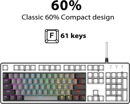 Snpurdiri 60% Compact Mechanical Keyboard, Red Linear Switches, Rainbow RGB Backlit, Full Anti-Ghosting, Ultra-Compact Mini Gaming Keyboard for PC Gamers, Office & Business Use, Black-Grey, Hot-Swap Ready