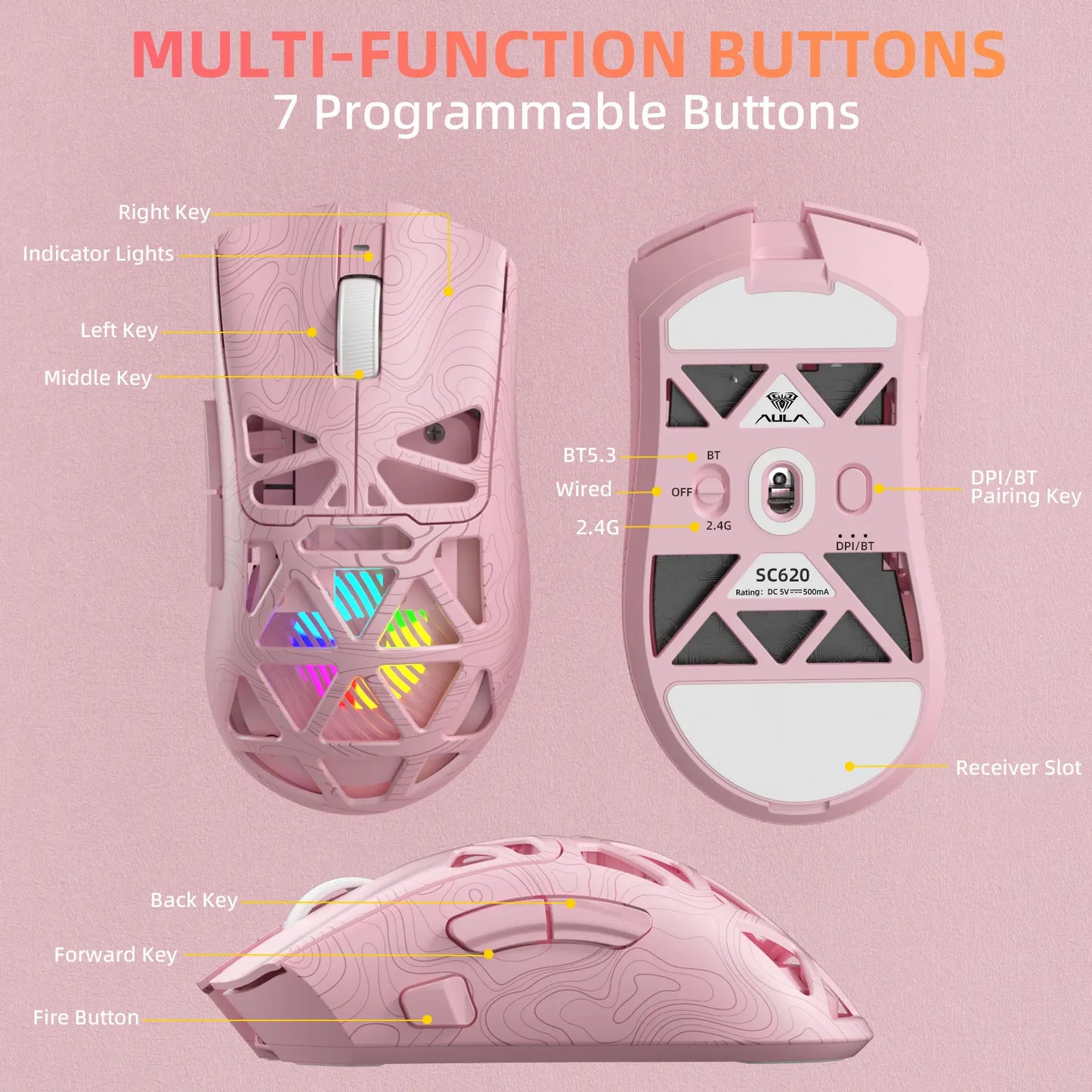 AULA SC620 Pink Contour Wireless Gaming Mouse - Lightweight 67G Design with Optical Sensor, Low Latency, 12K DPI, Tri-Mode Connectivity, RGB Backlighting, and Multi-Device Compatibility for FPS Gaming and Professional Use