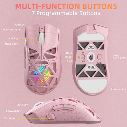 AULA SC620 Pink Contour Wireless Gaming Mouse - Lightweight 67G Design with Optical Sensor, Low Latency, 12K DPI, Tri-Mode Connectivity, RGB Backlighting, and Multi-Device Compatibility for FPS Gaming and Professional Use