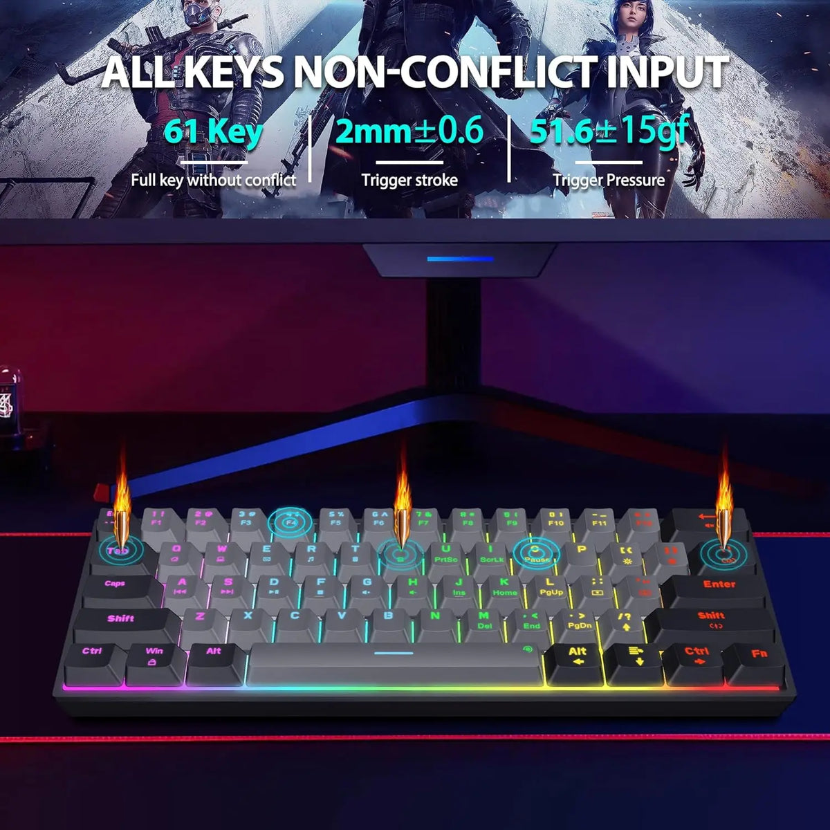 Snpurdiri 60% Compact Mechanical Keyboard, Red Linear Switches, Rainbow RGB Backlit, Full Anti-Ghosting, Ultra-Compact Mini Gaming Keyboard for PC Gamers, Office & Business Use, Black-Grey, Hot-Swap Ready