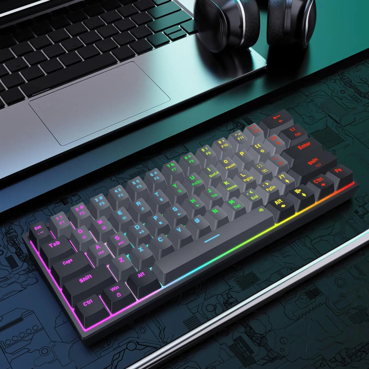 Snpurdiri 60% Compact Mechanical Keyboard, Red Linear Switches, Rainbow RGB Backlit, Full Anti-Ghosting, Ultra-Compact Mini Gaming Keyboard for PC Gamers, Office & Business Use, Black-Grey, Hot-Swap Ready