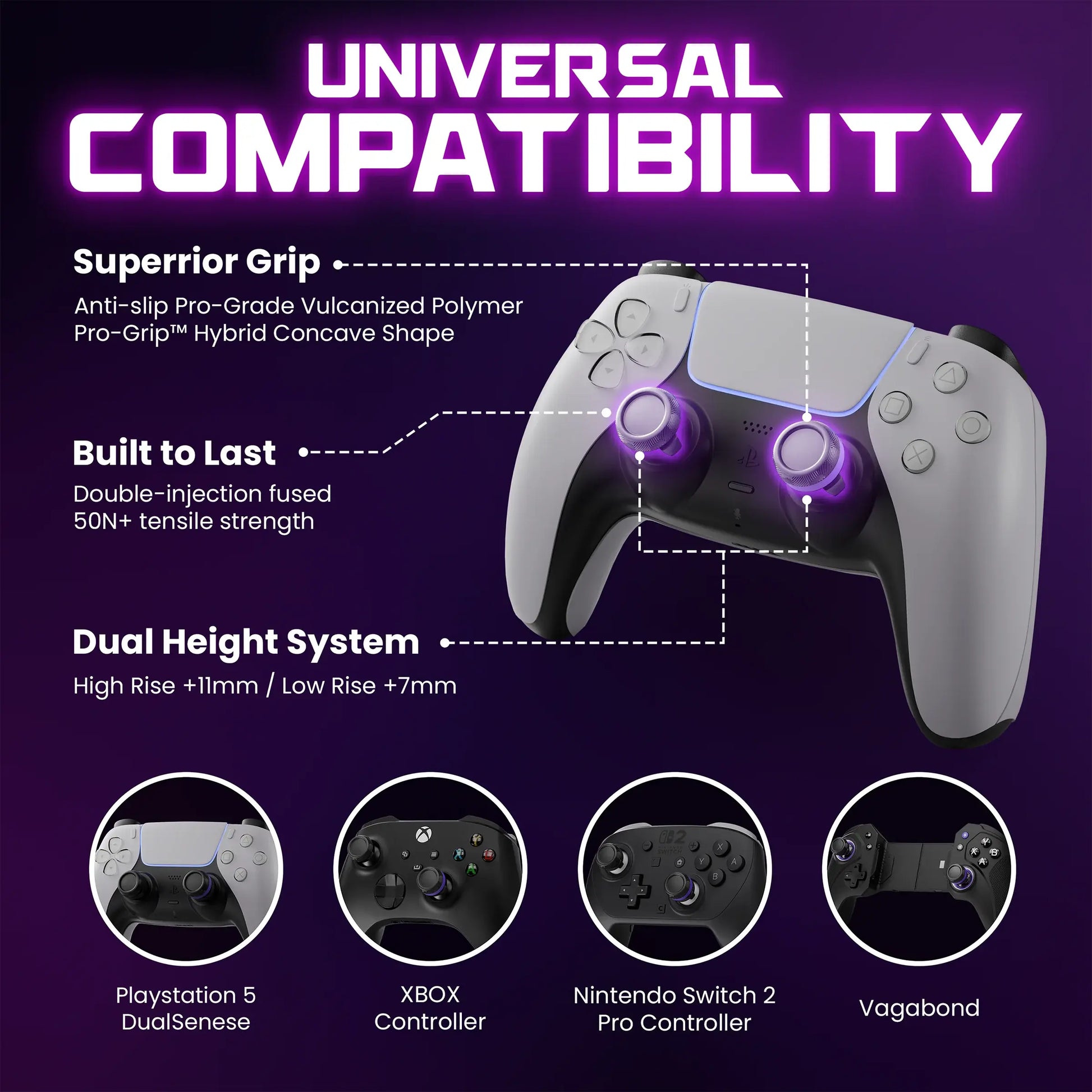 ELO Ascend Pro Gaming Thumbsticks for Gaming Controllers | Universal Fit, 1 High-Rise and 1 Low-Rise Domed Cap, Anti-Slip Micro-Etched Texture for Xbx, PS5, Switch Pro, Vagab Ond Controllers Console Wireless