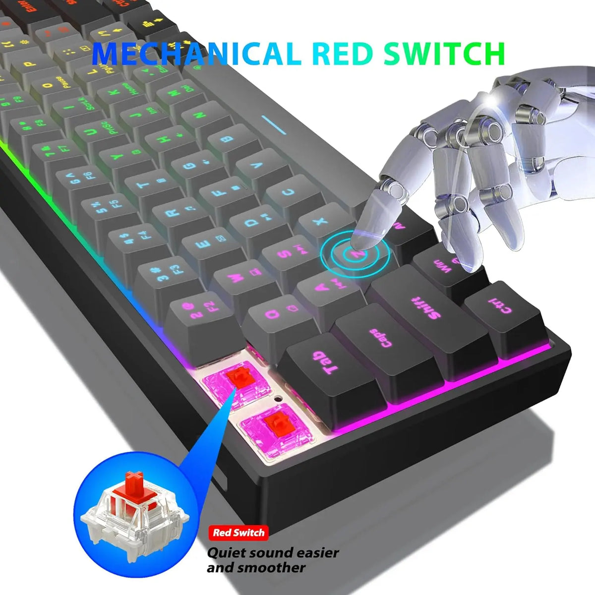Snpurdiri 60% Compact Mechanical Keyboard, Red Linear Switches, Rainbow RGB Backlit, Full Anti-Ghosting, Ultra-Compact Mini Gaming Keyboard for PC Gamers, Office & Business Use, Black-Grey, Hot-Swap Ready