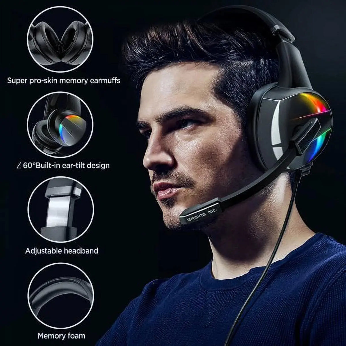 Beexcellent Wired Gaming Headphones with Noise Canceling Microphone, Surround Sound, RGB LED Lights & Multiple Systems Compatibility for PS5, PS4, Xbox 1, PC, Laptop, Mac, Nintendo Switch