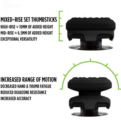 Professional Thumbstick Grips and Precision Rings for PS4, PS5, Xbox Series X/S, and Switch Pro Controllers - High-Rise and Mid-Rise Gaming Accessories in Black, Purple, and Green
