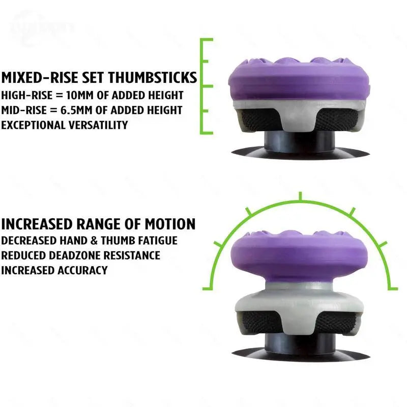 Professional Thumbstick Grips and Precision Rings for PS4, PS5, Xbox Series X/S, and Switch Pro Controllers - High-Rise and Mid-Rise Gaming Accessories in Black, Purple, and Green