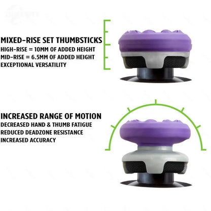Professional Thumbstick Grips and Precision Rings for PS4, PS5, Xbox Series X/S, and Switch Pro Controllers - High-Rise and Mid-Rise Gaming Accessories in Black, Purple, and Green