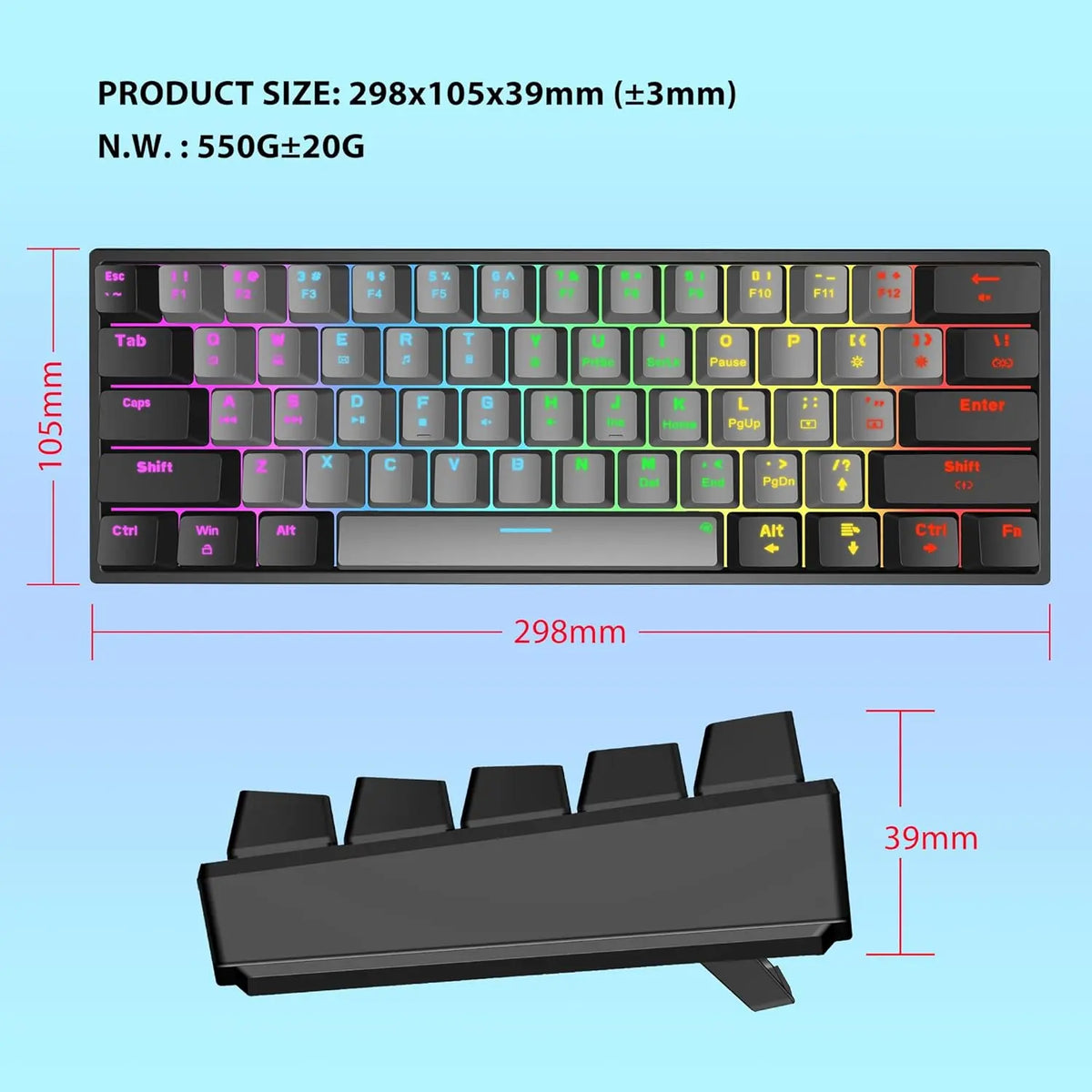 Snpurdiri 60% Compact Mechanical Keyboard, Red Linear Switches, Rainbow RGB Backlit, Full Anti-Ghosting, Ultra-Compact Mini Gaming Keyboard for PC Gamers, Office & Business Use, Black-Grey, Hot-Swap Ready
