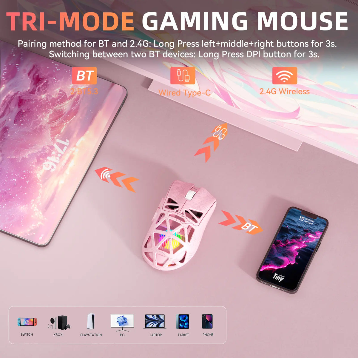 AULA SC620 Pink Contour Wireless Gaming Mouse - Lightweight 67G Design with Optical Sensor, Low Latency, 12K DPI, Tri-Mode Connectivity, RGB Backlighting, and Multi-Device Compatibility for FPS Gaming and Professional Use