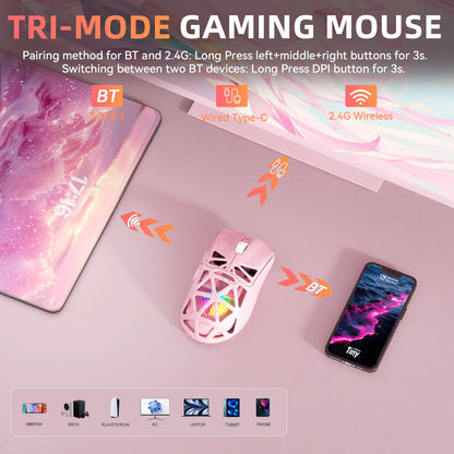 AULA SC620 Pink Contour Wireless Gaming Mouse - Lightweight 67G Design with Optical Sensor, Low Latency, 12K DPI, Tri-Mode Connectivity, RGB Backlighting, and Multi-Device Compatibility for FPS Gaming and Professional Use
