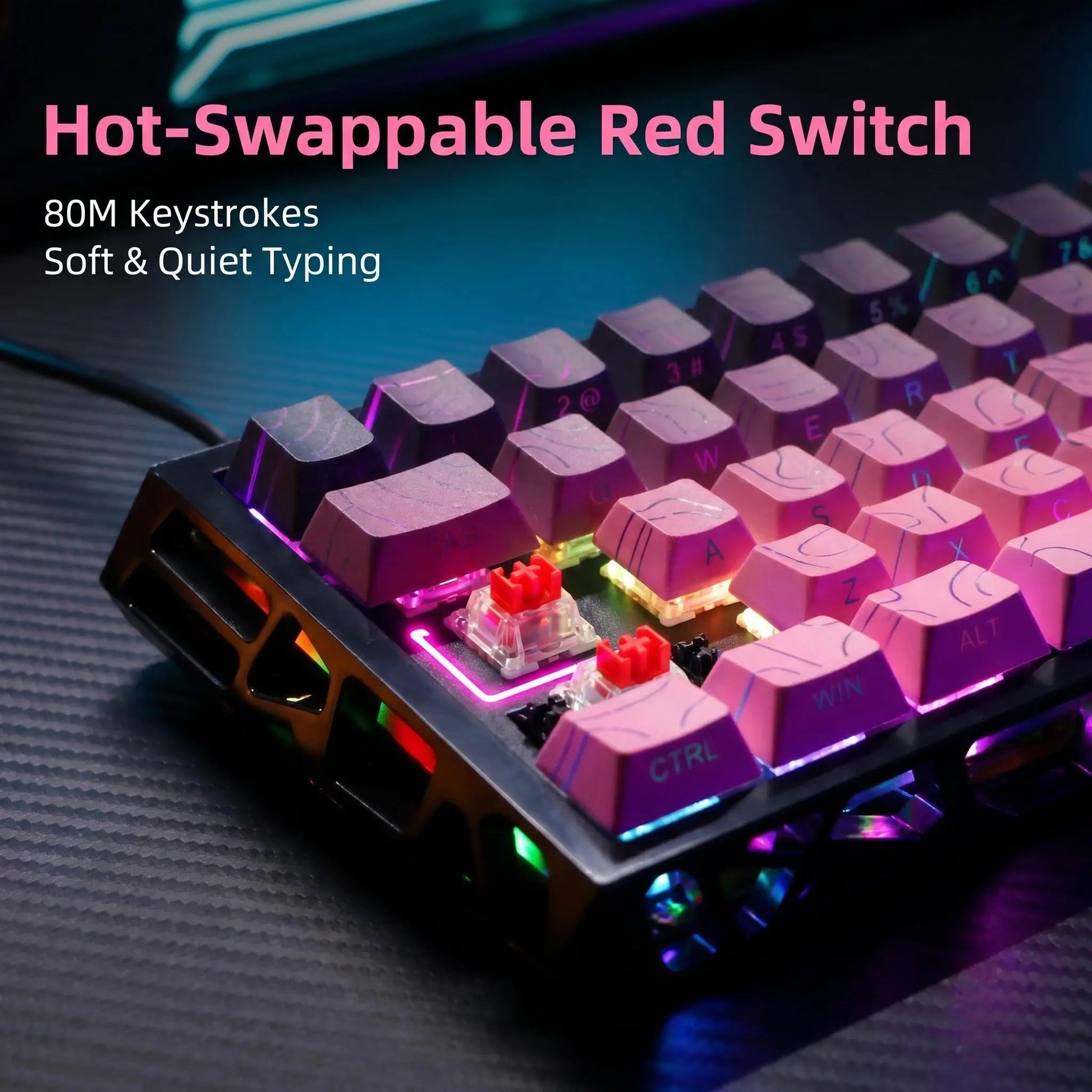 Translucent Black and Pink Gasket Mounted Mechanical Keyboard with RGB Lighting, Hot-Swappable Red Switches, N-Key Rollover, and USB-C Connectivity for Custom Gaming Setup on PC/Mac