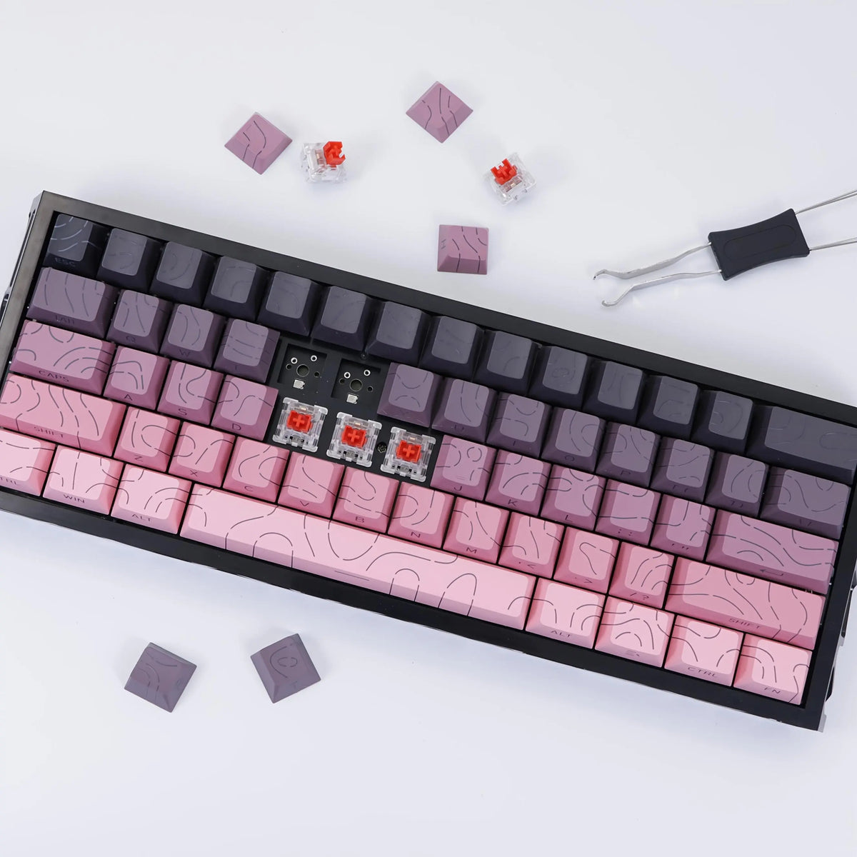 Translucent Black and Pink Gasket Mounted Mechanical Keyboard with RGB Lighting, Hot-Swappable Red Switches, N-Key Rollover, and USB-C Connectivity for Custom Gaming Setup on PC/Mac