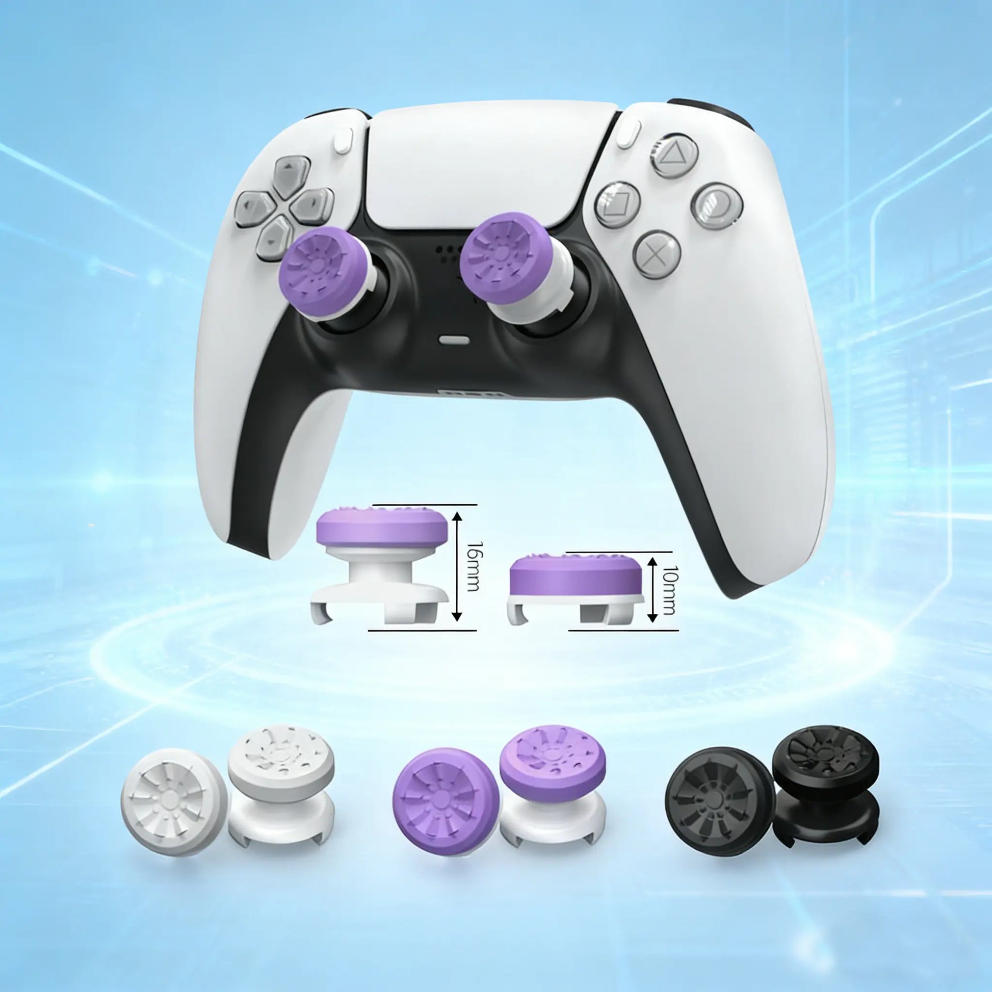 Professional Thumbstick Grips and Precision Rings for PS4, PS5, Xbox Series X/S, and Switch Pro Controllers - High-Rise and Mid-Rise Gaming Accessories in Black, Purple, and Green