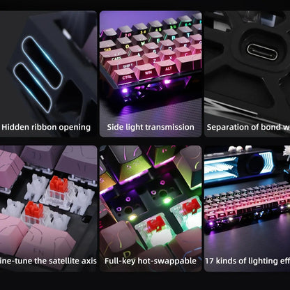 Translucent Black and Pink Gasket Mounted Mechanical Keyboard with RGB Lighting, Hot-Swappable Red Switches, N-Key Rollover, and USB-C Connectivity for Custom Gaming Setup on PC/Mac