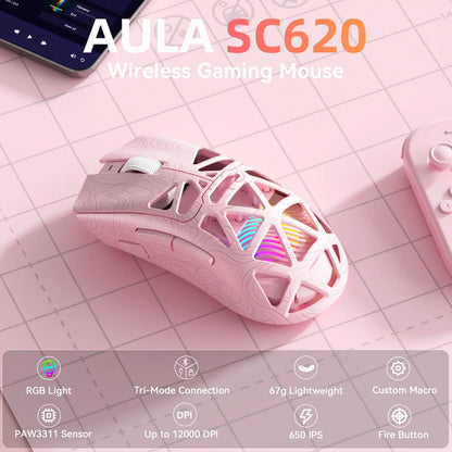 AULA SC620 Pink Contour Wireless Gaming Mouse - Lightweight 67G Design with Optical Sensor, Low Latency, 12K DPI, Tri-Mode Connectivity, RGB Backlighting, and Multi-Device Compatibility for FPS Gaming and Professional Use