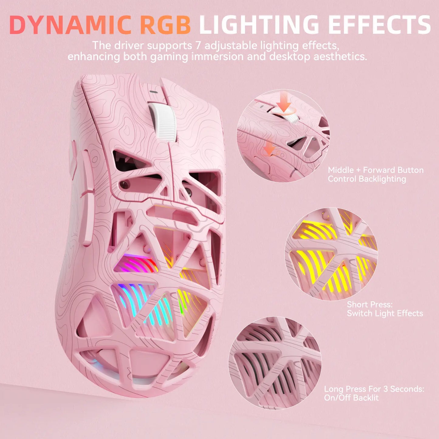 AULA SC620 Pink Contour Wireless Gaming Mouse - Lightweight 67G Design with Optical Sensor, Low Latency, 12K DPI, Tri-Mode Connectivity, RGB Backlighting, and Multi-Device Compatibility for FPS Gaming and Professional Use