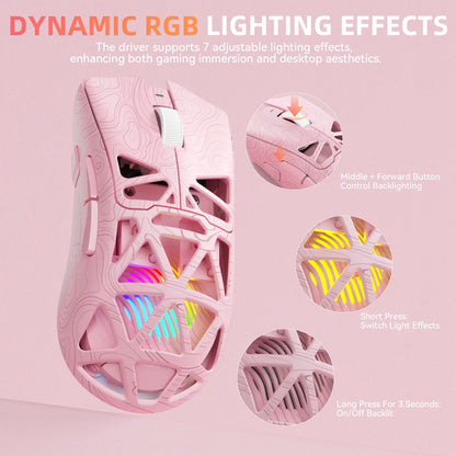 AULA SC620 Pink Contour Wireless Gaming Mouse - Lightweight 67G Design with Optical Sensor, Low Latency, 12K DPI, Tri-Mode Connectivity, RGB Backlighting, and Multi-Device Compatibility for FPS Gaming and Professional Use