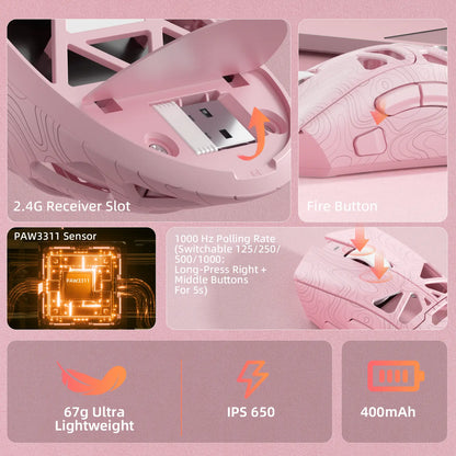 AULA SC620 Pink Contour Wireless Gaming Mouse - Lightweight 67G Design with Optical Sensor, Low Latency, 12K DPI, Tri-Mode Connectivity, RGB Backlighting, and Multi-Device Compatibility for FPS Gaming and Professional Use