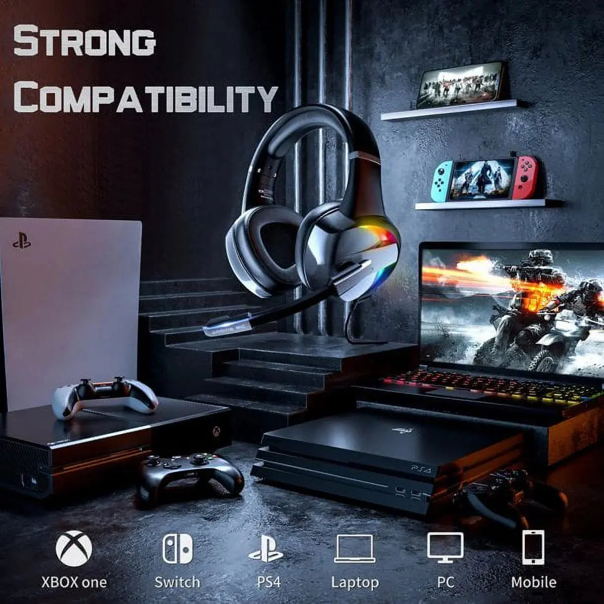 Beexcellent Wired Gaming Headphones with Noise Canceling Microphone, Surround Sound, RGB LED Lights & Multiple Systems Compatibility for PS5, PS4, Xbox 1, PC, Laptop, Mac, Nintendo Switch