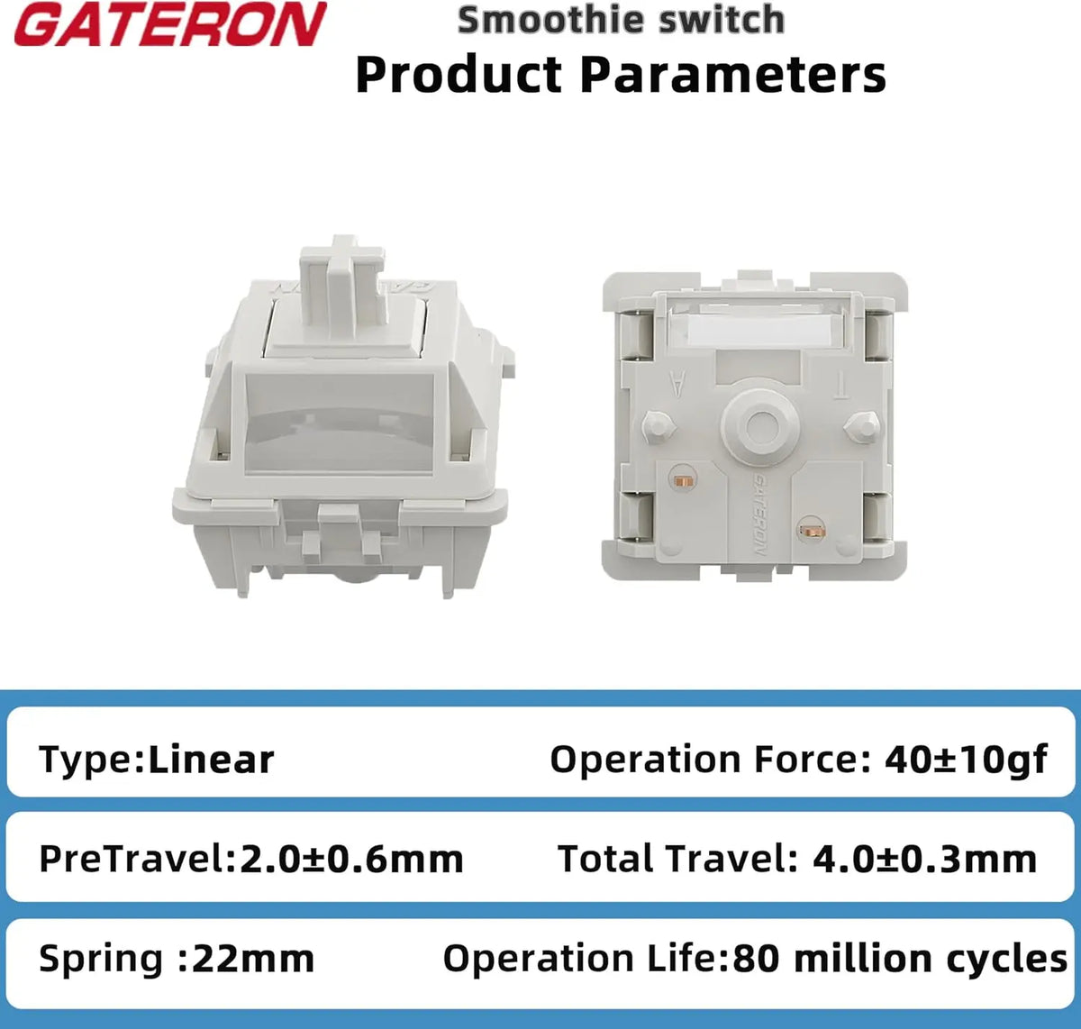 Gateron Smoothie Linear Keyboard Switch,5-Pin 40Gf 22Mm Dual-Stage Spring Pre-Lubed Full POM Key Switches for Mechanical Gaming Keyboard(Smoothie White )